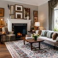 5 A traditional-style living room with a mix of wooden and upholstered furniture, a classic fireplace mantle, and a mix of patte Royalty Free Stock Photo