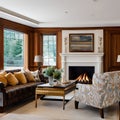 5 A traditional-style living room with a mix of wooden and upholstered furniture, a classic fireplace mantle, and a mix of patte Royalty Free Stock Photo