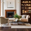 5 A traditional-style living room with a mix of wooden and upholstered furniture, a classic fireplace mantle, and a mix of patte Royalty Free Stock Photo