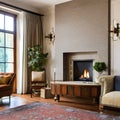 5 A traditional-style living room with a mix of wooden and upholstered furniture, a classic fireplace mantle, and a mix of patte Royalty Free Stock Photo