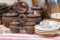 Traditional style modern handmade ceramic clay decorative twin crocks double pots with a handle and cover lids, carved patterns