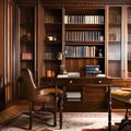 10 A traditional-style study with a wooden desk, leather chair, and classic bookshelves2, Generative AI
