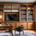 10 A traditional-style study with a wooden desk, leather chair, and classic bookshelves5, Generative AI