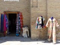 Traditional suits exposed out of a handicraft shop in Uzbekistan.