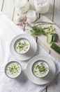 Traditional summer cold soup of homemade yogurt, cucumbers and fresh herbs on a table Royalty Free Stock Photo