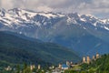 Traditional Svaneti watch tower in Mestia in summer season, Caucasus mountain range in Georgia