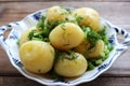 Traditional swedish midsummer food boiled potatoes with dill and chopped onion