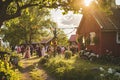 traditional swedish midsummer scene with maypole