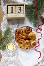 Traditional Swedish saffron buns of various shapes on a light background.