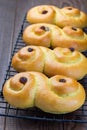 Traditional Swedish and scandinavian Christmas saffron buns Lussekatter on cooling tray, brown wooden backgtound, vertical