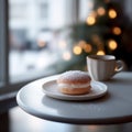 Traditional Swedish Semla bun on a plate, with a cup of coffee or tea, on a table near window. Generative AI Royalty Free Stock Photo