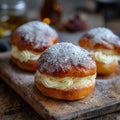 Traditional Swedish Semla buns on a wooden board. Freshly baked pastries with whipped cream. Generative AI Royalty Free Stock Photo