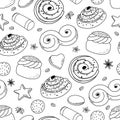 Traditional Swedish sweets seamless pattern. Suitable for printing on packaging, paper, for menu design. Coloring page