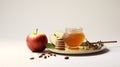 traditional sweet dishes of Rosh Hashanah honey and apple on white background, Generated AI