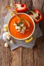 Traditional sweet pepper puree soup with croutons close-up. Vert Royalty Free Stock Photo