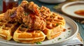 Traditional sweet and savory American dish of crunchy fried chicken and waffles drizzled with maple syrup. Hearty comfort food Royalty Free Stock Photo