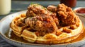 Traditional sweet and savory American dish of crunchy fried chicken and waffles drizzled with maple syrup. Hearty comfort food Royalty Free Stock Photo