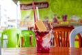 Traditional sweet water ice with fruits called cholado in the city of Cali in Colombia