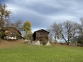 Traditional Swiss architecture and wooden alpine houses in the autumn environment of mountain pastures and mixed forests Royalty Free Stock Photo