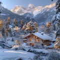 Traditional Swiss Chalet Amidst Snowy Alps offering cozy retreat Royalty Free Stock Photo