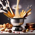 Traditional Swiss dish of melted cheese fondue, dipped with bread and potatoes, dynamic food photography