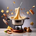 Traditional Swiss dish of melted cheese fondue, dipped with bread and potatoes, dynamic food photography