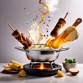 Traditional Swiss dish of melted cheese fondue, dipped with bread and potatoes, dynamic food photography