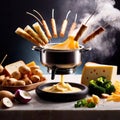 Traditional Swiss dish of melted cheese fondue, dipped with bread and potatoes, dynamic food photography