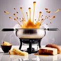 Traditional Swiss dish of melted cheese fondue, dipped with bread and potatoes, dynamic food photography