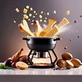 Traditional Swiss dish of melted cheese fondue, dipped with bread and potatoes, dynamic food photography