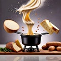 Traditional Swiss dish of melted cheese fondue, dipped with bread and potatoes, dynamic food photography