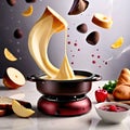 Traditional Swiss dish of melted cheese fondue, dipped with bread and potatoes, dynamic food photography