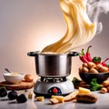 Traditional Swiss dish of melted cheese fondue, dipped with bread and potatoes, dynamic food photography