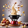 Traditional Swiss dish of melted cheese fondue, dipped with bread and potatoes, dynamic food photography