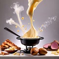 Traditional Swiss dish of melted cheese fondue, dipped with bread and potatoes, dynamic food photography