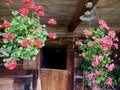 Traditional Swiss farm house with plants and decorative objects. St. Antoenien, Grisons, Switzerland. Royalty Free Stock Photo