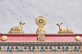 Traditional symbolic details of decor of dugans, Buddhist temples. Ivolginsky datsan,Buryatia,Russia