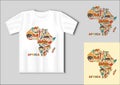 Traditional symbols of Africa in the form of a map. Travel concept with t-shirt mockup
