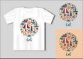 Traditional symbols of architecture, culture and nature of Bali Islands. Travel concept with t-shirt mockup