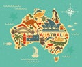 Stylized map of Australia with the symbols of Australian culture and nature