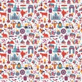 Traditional symbols of India seamless pattern on white background.