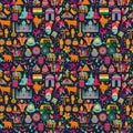 Traditional symbols of India seamless pattern on dark.