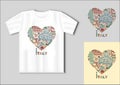 Traditional symbols of Italy in the shape of a heart. Travel concept with t-shirt mockup