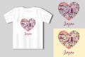 Japan icons in the form of a heart. Travel concept with t-shirt mockup