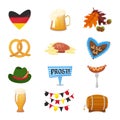 Traditional symbols of the Oktoberfest icons set. German national Oktoberfest objects on white background