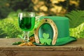 Traditional symbols for Patrick's Day - green beer, horseshoe Royalty Free Stock Photo