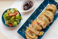 Traditional Taiwanese fried pancake with bacon and cheese filling, flatlay