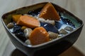 Taiwanese iced dessert with Grass jelly, Taro balls, Tofu pudding, Sweet potato balls and Boba Topping with Fresh milk. Royalty Free Stock Photo