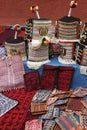 Traditional Tarabuco purses and women`s caps, Bolivia Royalty Free Stock Photo