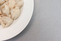 Traditional tasty boiled russian pelmeni, ravioli, dumplings with meat on white ceramic plate on grey background, copy space Royalty Free Stock Photo